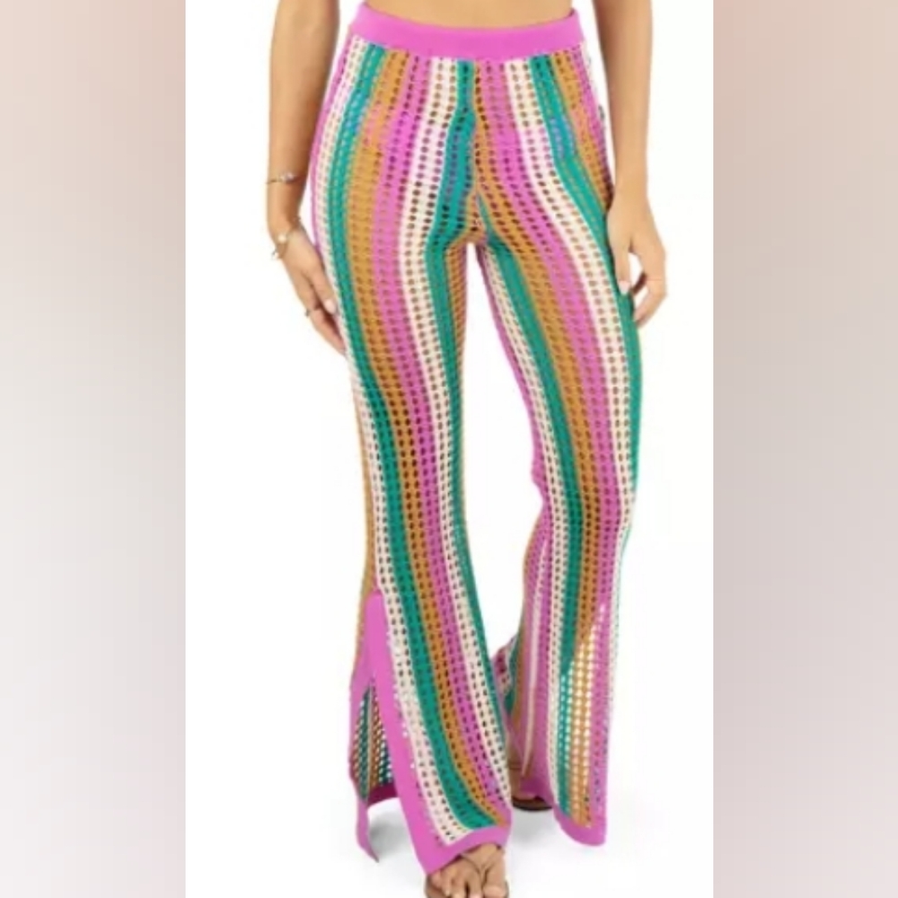 Hurley Pink and Green Striped Crochet Flare Pants Misses Size Small NWT